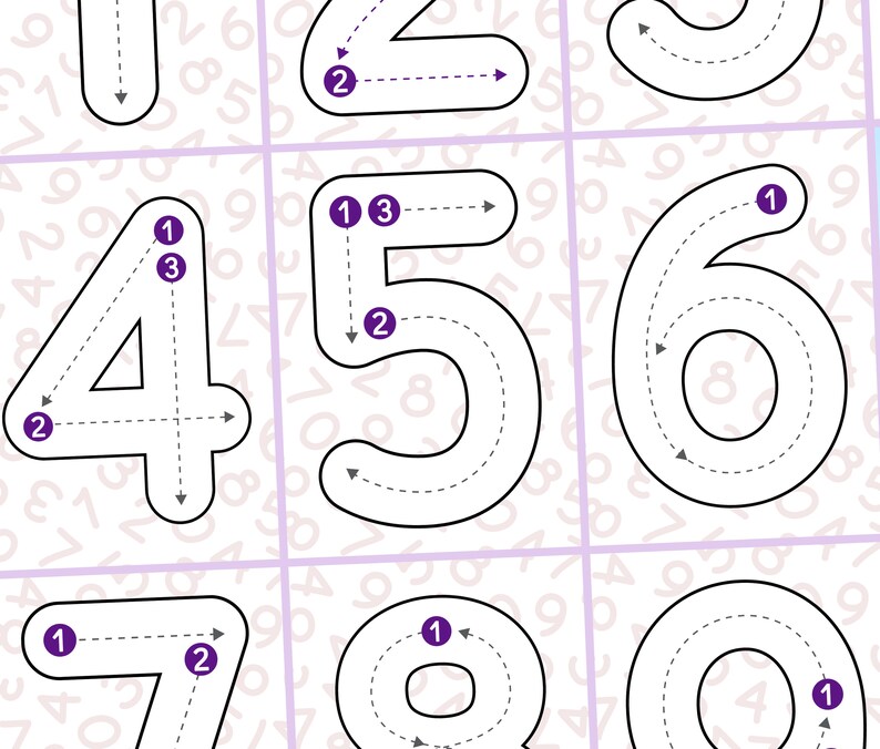 May include: A grid of educational number tracing cards featuring large black outlines of the digits four, five, six, seven, eight, and nine. Each number includes purple circular markers with white numbers and dashed arrows indicating the stroke order.
