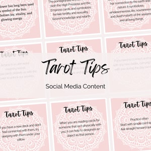 May include: Nine pink and white square cards with the text "Tarot Tips" in black. Each card has a different tarot tip written in black text. The cards have a white lace design around the edges.