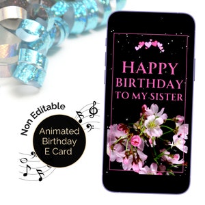 E-Card zum Geburtstag einer Schwester, animiert mit Musik, Happy Birthday Melodie. Digitale Karte Video Greeting eCard für Geschwisterkind. E Grußkarte mit Blumen