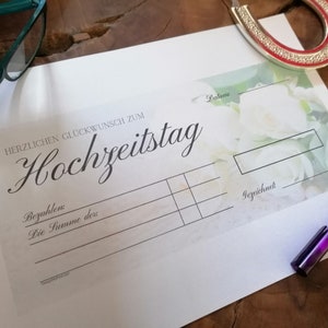 Hochzeitsgeschenk, Scheck Hochzeit Blankoschek Deutsch. Large Printable