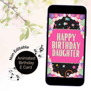 E-Card zum Tochter Geburtstag animiert mit Ton, Happy Birthday Melodie. Digitale Karte Video Greeting eCard für Kind. E Grußkarte in rosa.