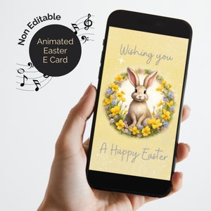 E-Card de Pâques animée avec de la musique. Jolie carte numérique de lapin de Pâques en jaune. Envoyez par email le texte WhatsApp, non modifiable.