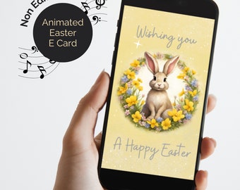 E-Card de Pâques animée avec de la musique. Jolie carte numérique de lapin de Pâques en jaune. Envoyez par email le texte WhatsApp, non modifiable.