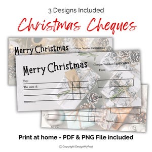 Afdrukbare blanco kerstcheque, bankcheque. Downloadbare kerstcadeaucheque/-cheque. Leuk cadeau-idee voor kerstgeld.