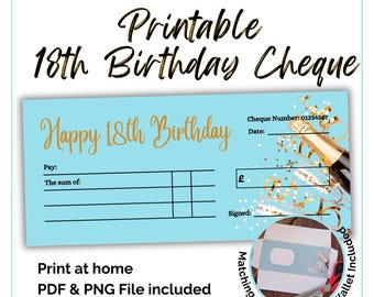 Blank Cheque for 18th Birthday Gift voucher cheque template. Euros, Pounds & Dollars. Print at home money present. Digital Download.