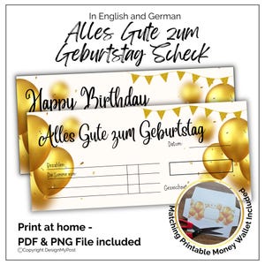 Blankoscheck Goldene Luftballons , Scheck zum Geburtstag. Birthday Cheque in German. Blank cheque template Print at home. Digital Download.