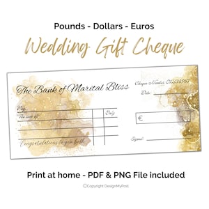 Hochzeitsgeschenk Printable Geldgeschenk Cheque. Geschenkgutschein Vorlage mit Design in Gold. Euro, Pfund & Dollar. Drucken Sie zu Hause Blankoscheck.
