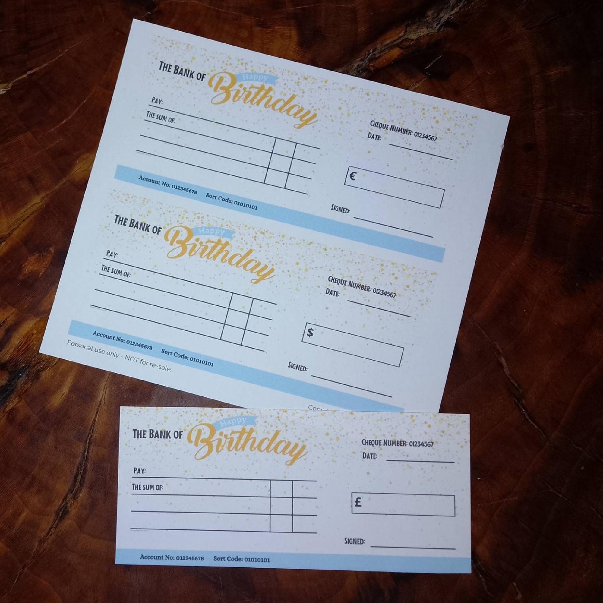 Blue Printable Birthday Cheque. Gift Cheque Template in Euros, Pounds