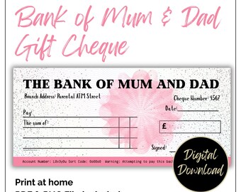 Bank of Mama und Papa Geschenk Scheck, Euro, Pfund, Dollar.