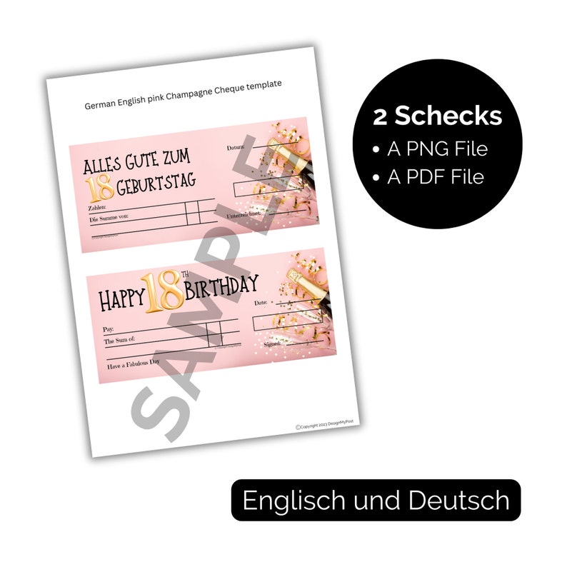 May include: Two pink and gold printable 18th birthday champagne check templates. The text on the checks reads "Alles Gute zum 18 Geburtstag" and "Happy 18th Birthday".