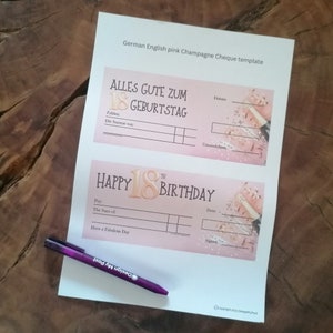 Two pink and white printable champagne cheque templates. The top template has the text 'Alles Gute zum 18 Geburtstag' and the bottom template has the text 'Happy 18th Birthday'. Both templates have a champagne bottle and confetti design.