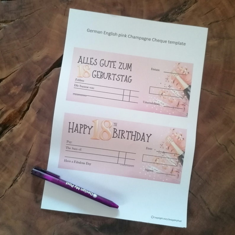 Two pink and white printable champagne cheque templates. The top template has the text 'Alles Gute zum 18 Geburtstag' and the bottom template has the text 'Happy 18th Birthday'. Both templates have a champagne bottle and confetti design.