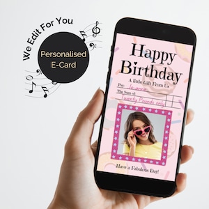Birthday Photo video gift cheque with audio. Personalised Animated ecard in Pink for gifting money. Digital Greeting card. Send by phone.