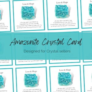 Tarjetas de inserción de cristales de amazonita imprimibles para vendedores de cristales y fabricantes de joyas. Archivo PDF Insertos de embalaje, significados de las propiedades de las piedras preciosas