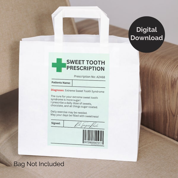 Sweet Tooth Prescription Label. Printable novelty gift. Funny gift for children and adults Digital download, PNG & PDF file, Print at home.