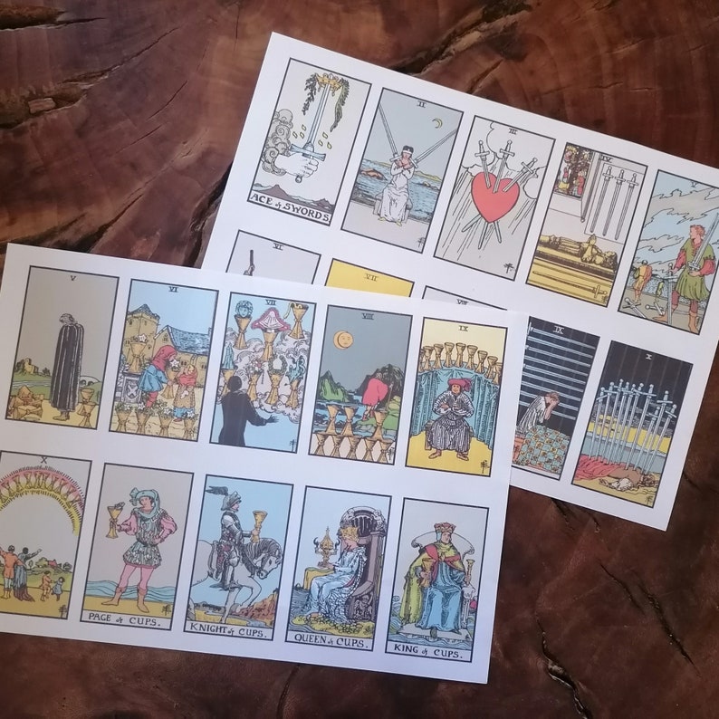 Printable tarot cards featuring the suits of Swords and Cups.  The cards are in a vintage style with pastel colors and detailed illustrations.  The cards include Ace of Swords, Two of Swords, Three of Swords, Four of Swords, Five of Swords, Six of Swords, Seven of Swords, Eight of Swords, Nine of Swords, Ten of Swords, Page of Cups, Knight of Cups, Queen of Cups, and King of Cups.  The text on the cards includes the card names and suit designations.