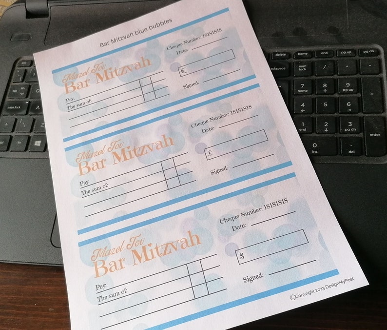 Bar Mitzvah Gift Cheque: Mazel Tov Money Present (PDF & PNG) image 2