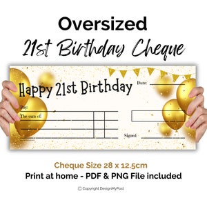 Large Cheque for 21st Birthday. Gifting blank big check template. Oversized cheque. Print at home money present. Digital Download.