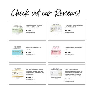 May include: A graphic display titled Check out our Reviews! featuring six customer testimonials for printable gift cheques. Each box includes a thumbnail of the cheque design, a five-star rating, and text from a verified Etsy buyer.