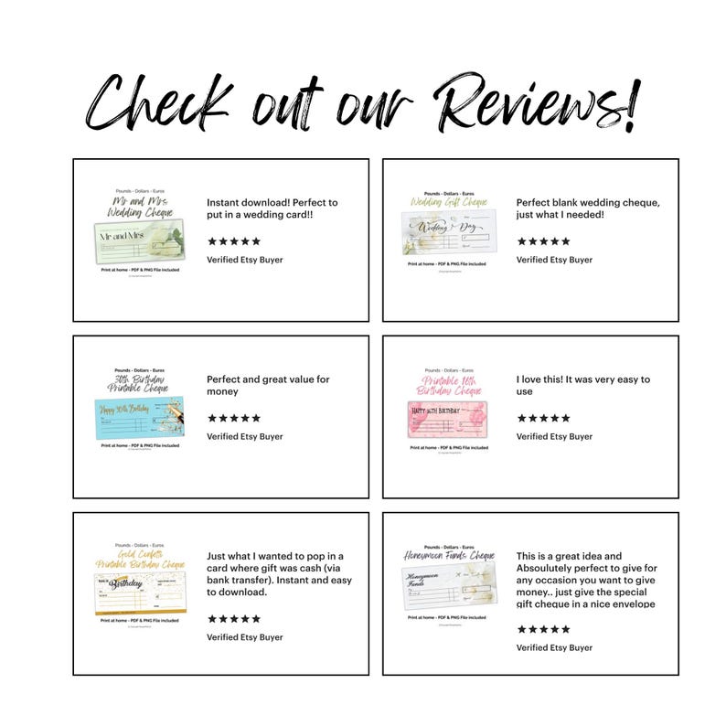 May include: A graphic display titled Check out our Reviews! featuring six customer testimonials for printable gift cheques. Each box includes a thumbnail of the cheque design, a five-star rating, and text from a verified Etsy buyer.