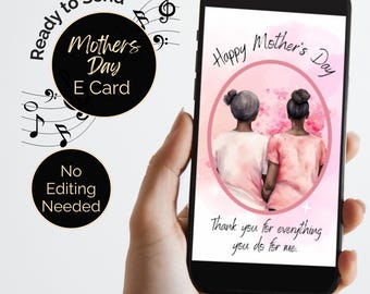 Mother's Day ecard Black Mom and Daughter watercolour animated card with soft piano music. Send by email, text, WhatsApp. Non Editable