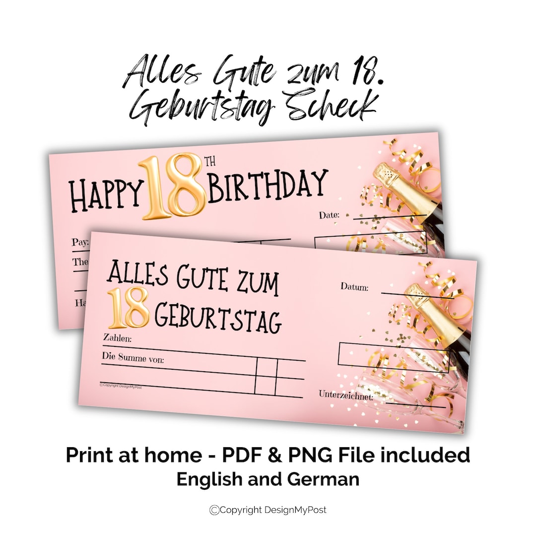 18 Scheck Zum Geburtstag, Blankoscheck Rosa. Birthday Cheque in German