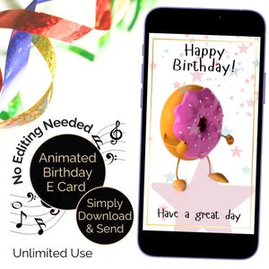 Fun Donut Geburtstag E-Card, animiert mit Musik, alles Gute zum Geburtstag Melodie mit tanzendem Donut, digitale Videokarte Gruß eCard. Toll für Kinder