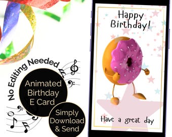 Doughnut Birthday E-Card, animated with Happy Birthday music. Digital video Greeting Card.