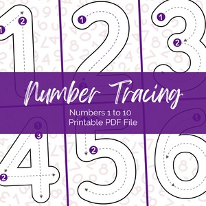 May include: A printable PDF educational worksheet for number tracing featuring large outlines of numbers one through six with directional arrows and numbered steps. The design includes a purple horizontal banner with the text Number Tracing Numbers 1 to 10 Printable PDF File.