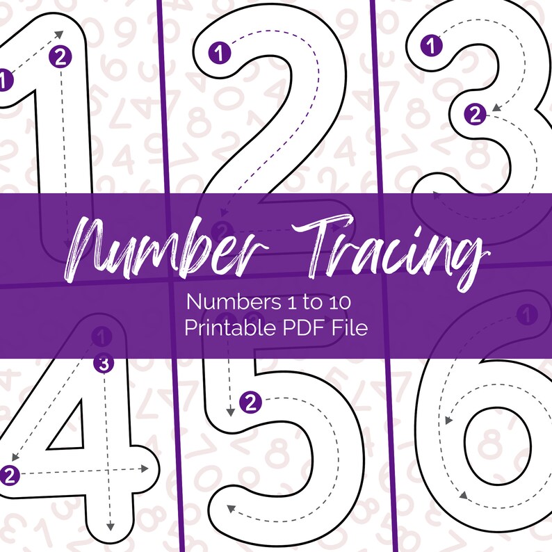 May include: A printable PDF educational worksheet for number tracing featuring large outlines of numbers one through six with directional arrows and numbered steps. The design includes a purple horizontal banner with the text Number Tracing Numbers 1 to 10 Printable PDF File.