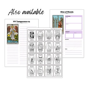 Printable tarot journal pages featuring the Nine of Wands and Temperance cards.  Black and white line art illustrations accompany journaling prompts and space for keywords, notes, and attributions.  The pages include card meanings, elements, and other relevant details.  The color scheme is primarily black, white, and light purple.