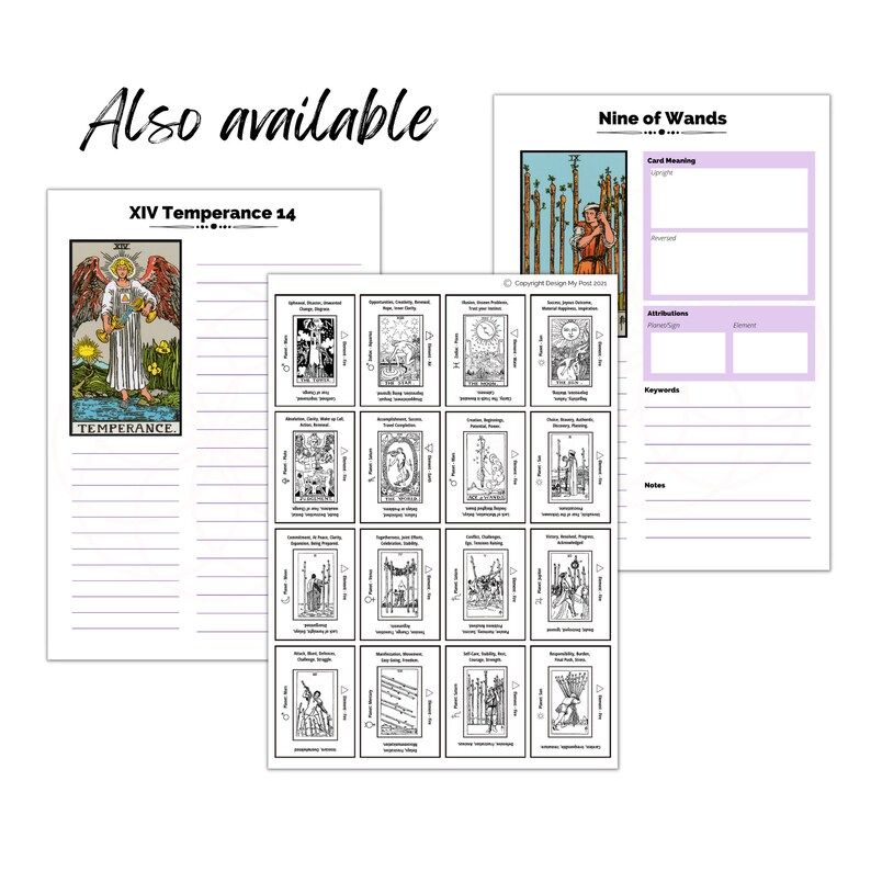 Printable tarot journal pages featuring the Nine of Wands and Temperance cards.  Black and white line art illustrations accompany journaling prompts and space for keywords, notes, and attributions.  The pages include card meanings, elements, and other relevant details.  The color scheme is primarily black, white, and light purple.