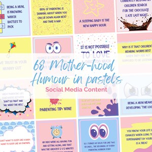 Frasi sulla genitorialità, divertenti meme sulla mamma in colori pastello, grafiche pronte per i social media, modelli in stile cartone animato per Instagram e Facebook.