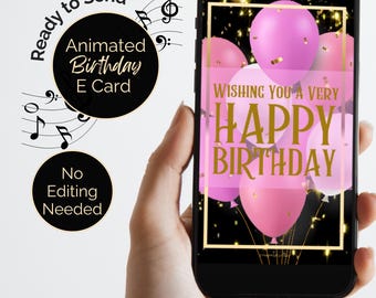 Verjaardagskaart geanimeerd met geluid, deuntje en begroeting. Stuur WhatsApp per e-mail een roze goud- en zwart ontwerp, niet bewerkbaar.