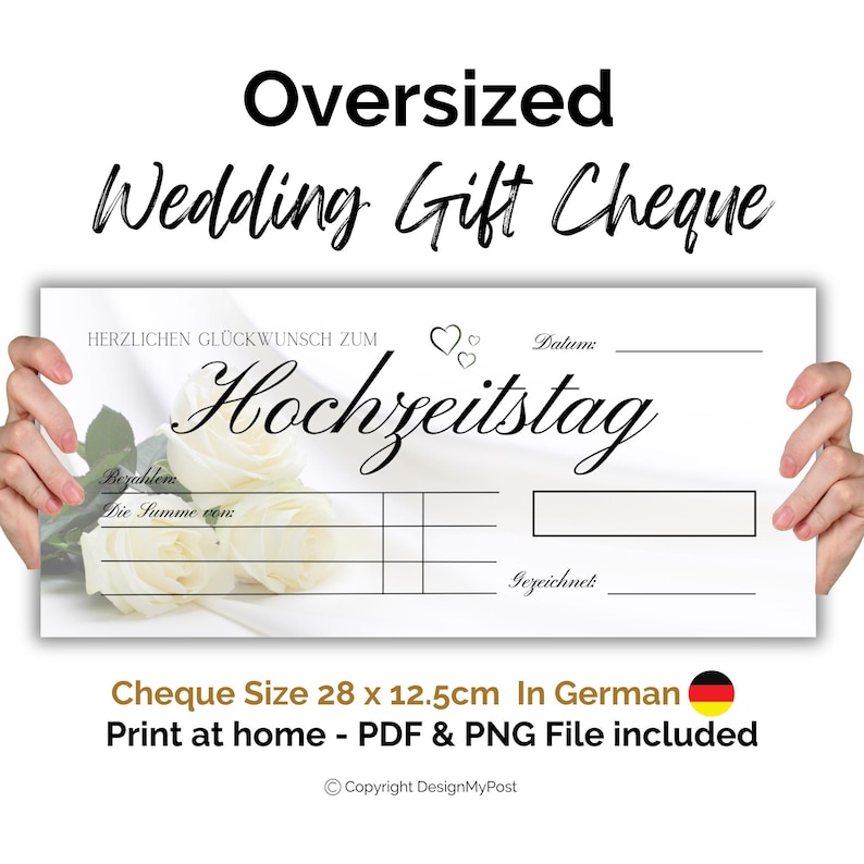 Hochzeitsgeschenk, Scheck hochzeit Blankoschek deutsch. Stor utskrivbar bröllopscheck, en falsk presentcheck. På tyska. bild 1