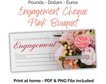 Cheque regalo de compromiso: Diseño de ramo rosa (PDF y PNG imprimibles)