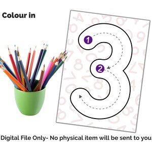 May include: A green cup filled with multicolored sharpened pencils next to a white sheet of paper featuring a large black outline of the number 3 with directional arrows and purple circles labeled 1 and 2, with the text Colour in and Digital File Only.