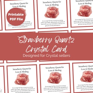 Printable Strawberry Quartz Crystal info cards for Crystal Sellers & Jewellery makers PDF file Packing Inserts, Gemstone Properties meanings