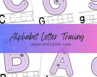 May include: An educational alphabet letter tracing worksheet featuring large light purple letters with numbered directional arrows for stroke order, accompanied by rows of dotted letters for practice, with the text Alphabet Letter Tracing Upper and Lower case.