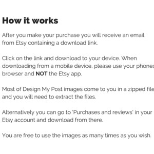 K&ouml;nnte beinhalten: Anleitung zum Herunterladen digitaler Bilder, die bei Etsy gekauft wurden. Der Text erkl&auml;rt, dass Sie nach dem Kauf eine E-Mail mit einem Download-Link erhalten. Sie k&ouml;nnen die Bilder auf Ihr Ger&auml;t herunterladen und so oft herunterladen, wie Sie m&ouml;chten.