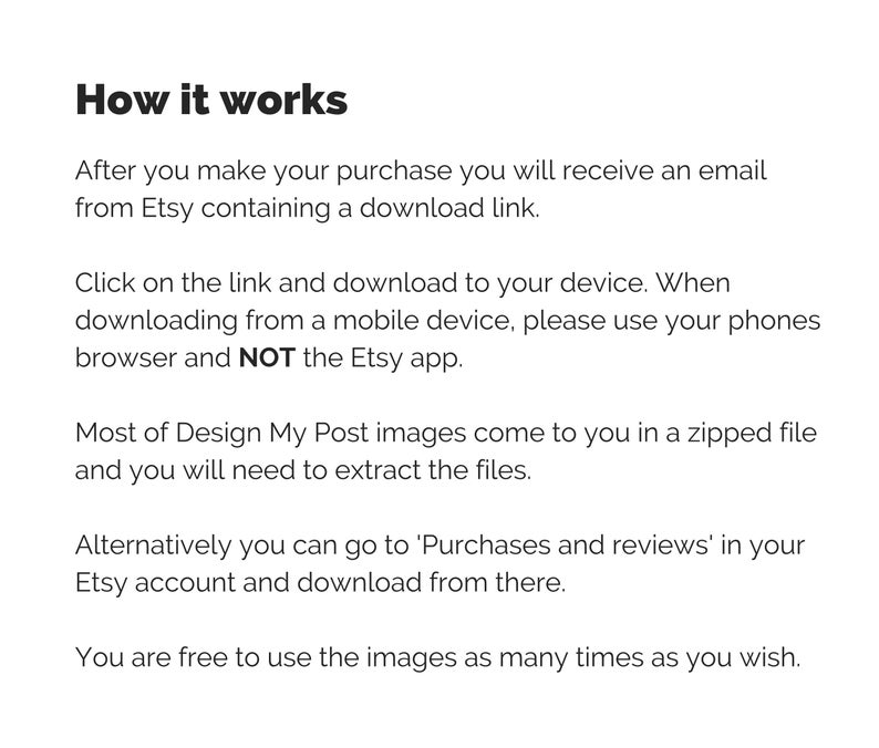 K&ouml;nnte beinhalten: Anleitung zum Herunterladen digitaler Bilder, die bei Etsy gekauft wurden. Der Text erkl&auml;rt, dass Sie nach dem Kauf eine E-Mail mit einem Download-Link erhalten. Sie k&ouml;nnen die Bilder auf Ihr Ger&auml;t herunterladen und so oft herunterladen, wie Sie m&ouml;chten.