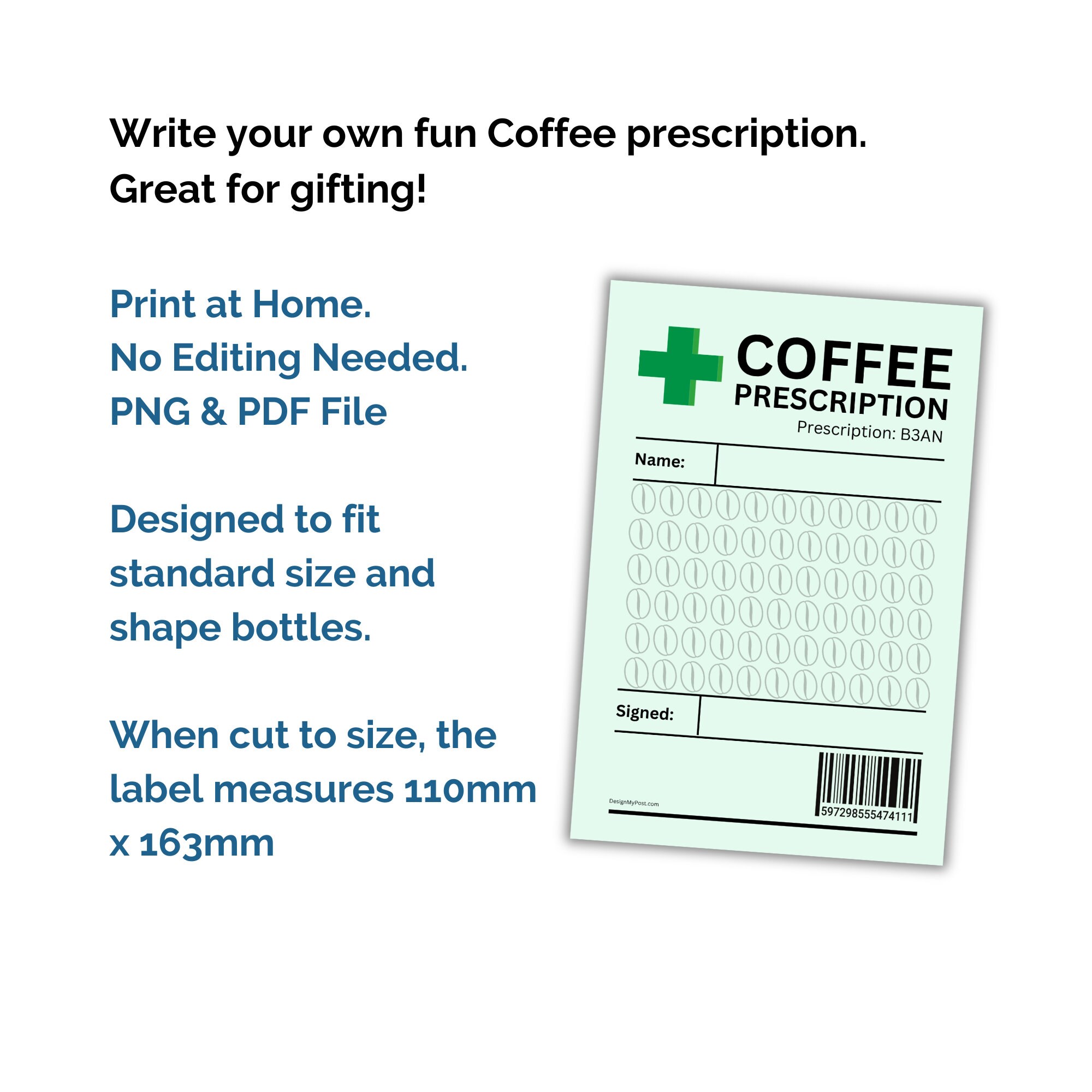 Blank Coffee Prescription Label. Write Your Own. Printable Novelty Gift ...