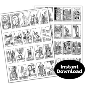Black and white printable tarot cards. The cards are arranged in a grid of four rows and eight columns. The cards include The Sun, The World, Ace of Wands, Two of Wands, Three of Wands, Four of Wands, Five of Wands, Six of Wands, Seven of Wands, Eight of Wands, Nine of Wands, Ten of Wands, Page of Wands, Knight of Wands, Queen of Wands, King of Wands, Ace of Cups, King of Wands, The High Priestess, The Empress, The Emperor, The Lovers, Strength, The Hermit, Justice, Death, Temperance.