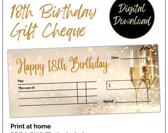 18th Birthday Gift Cheque. Blank cheque template for loved ones special day. In Euros, Pounds and Dollars. Print at home money present.