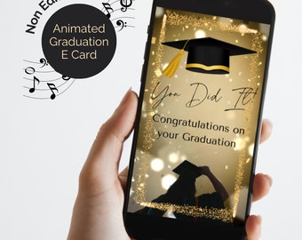 Graduation eCard animated video with sound, Congratulations on your Graduation. Gold and Black design, Non Editable.