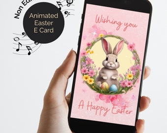 Pink Easter E-Card animated with music. Digital cute Easter bunny card. Send by email text WhatsApp, Non Editable.