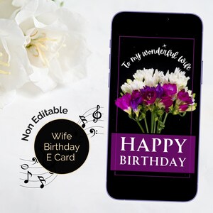 E-kaart verjaardag voor vrouw, geanimeerd met geluid, deuntje voor gelukkige verjaardag. Digitale videokaart met videogroet. E Wenskaart met bloemen.