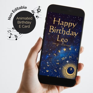 Cartão eletrônico de aniversário animado de Leo com som. Cartão digital para signo do zodíaco em design azul e dourado, não editável. Vídeo MP4