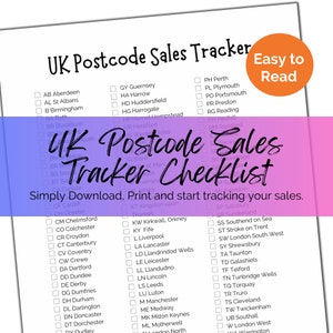UK Postcode Sales Tracker Druckbare A4 Checkliste Print at home PNG und PDF Ideal für Etsy-Verkäufer Geringer Tintenverbrauch Leicht zu lesen