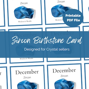 Informatiekaart geboortesteen met zirkoon van december voor kristalverkopers, juweliers. Afdrukbaar pdf-bestand. Edelsteeninformatiebijlagen verpakken.